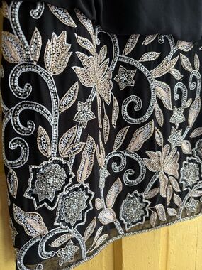 Adrianna Papell Black Dress with Gold and Silver Bead Embroidery